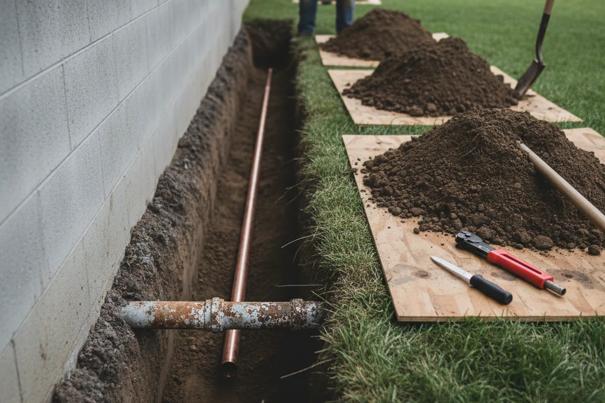 Excavated water line trench during Water Softener Installation in Dennison